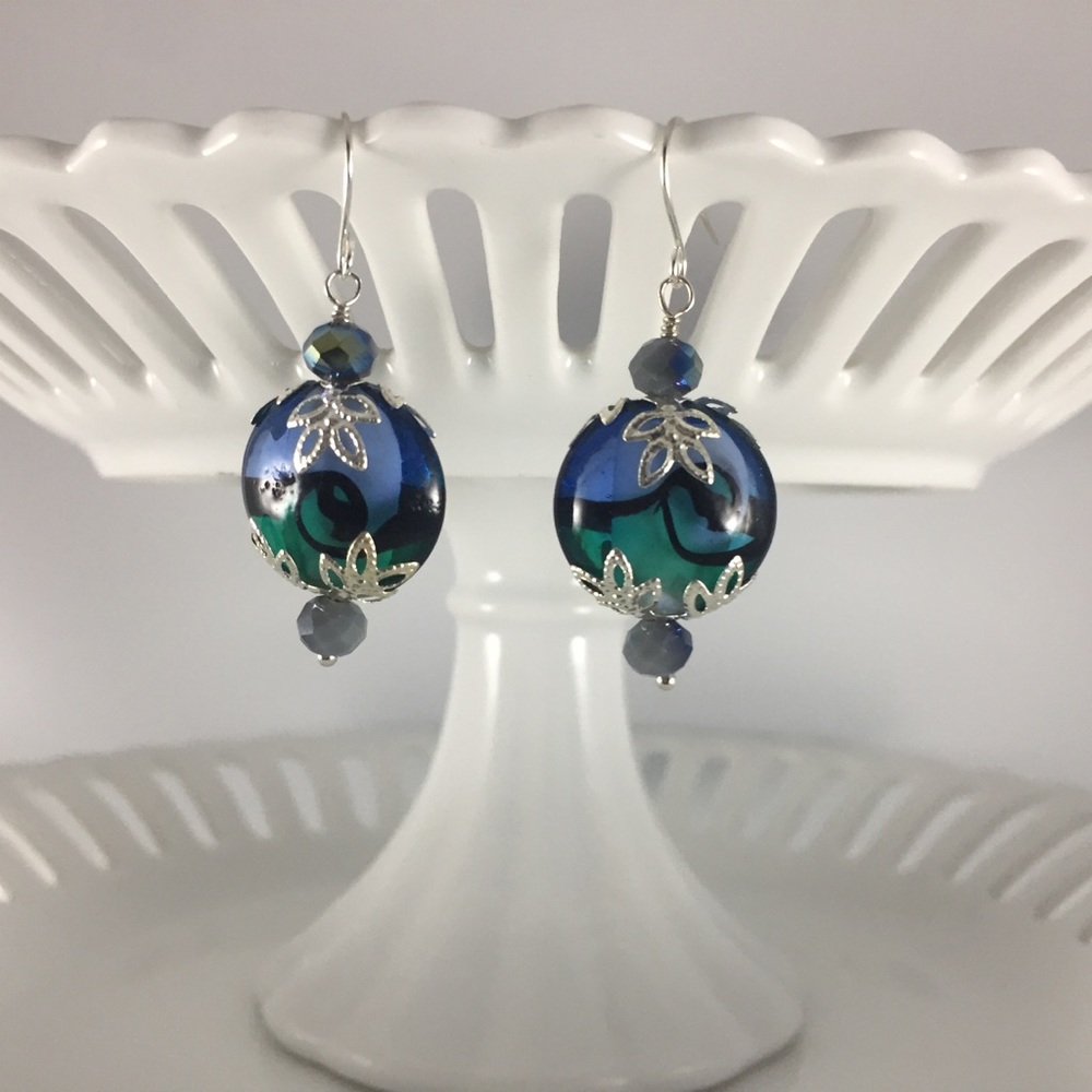 Handmade Earrings Unique Design Green Blue Black Silver .925 SS Ear Wire
